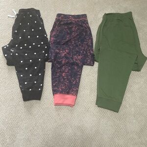 LuLaRoe Black Polka Dot, Pink Pattern, and Green Joggers